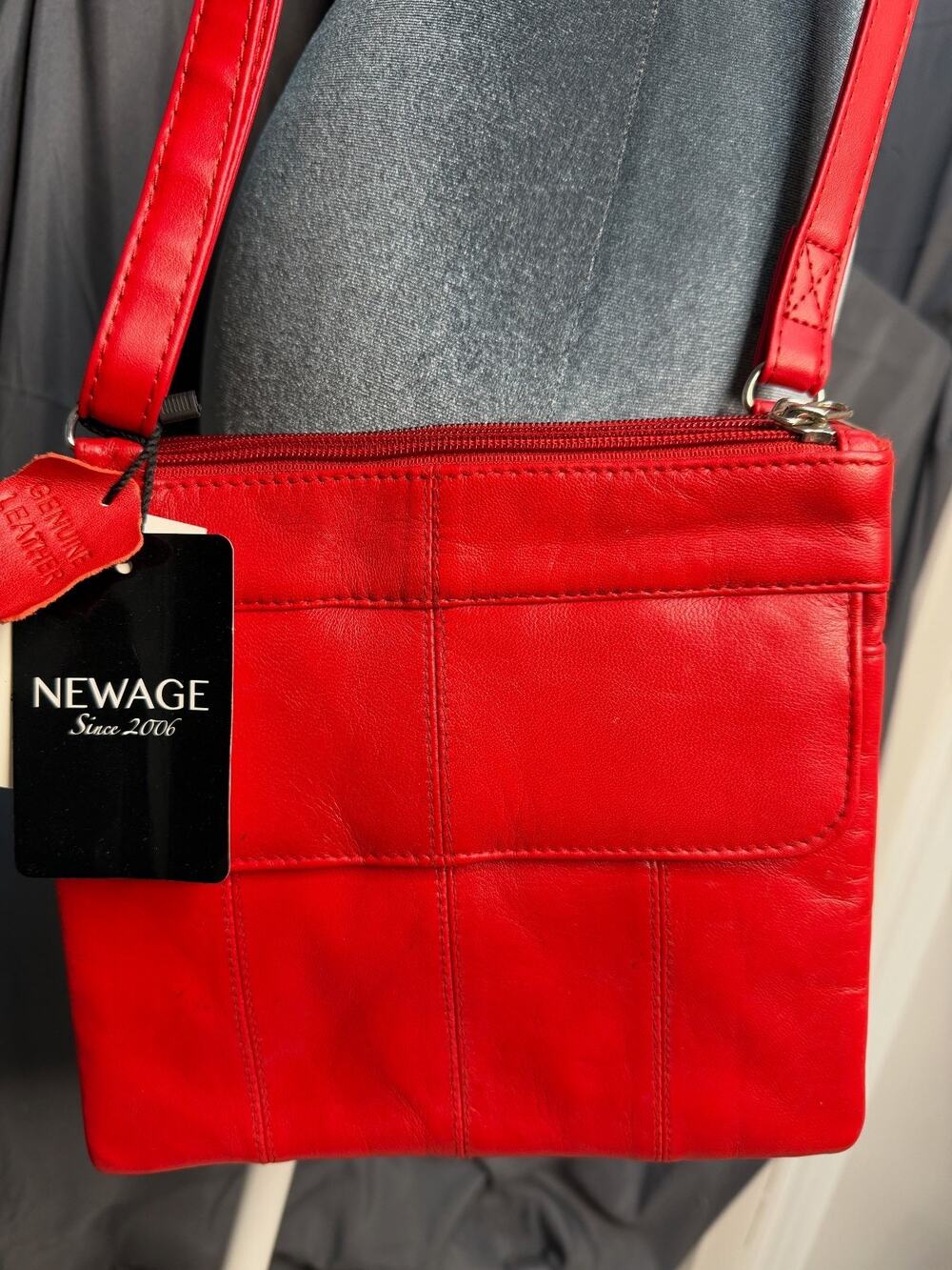 Newage Red Genuine Leather Crossbody Bag Women's Adjustable Strap NWT